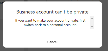 business account cannot be private alert by instagram