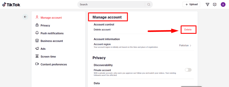 delete tiktok account on computer